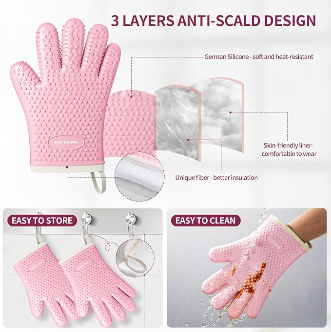 MAD SHARK Silicone Oven Mitts with Fingers Heat Resistant 450°F in Kitchen | Waterproof & Non-Slip Oven Gloves,Cotton Lined Silicone Kitchen Mitts for Baking Cooking Barbecue,Women (Pink)
