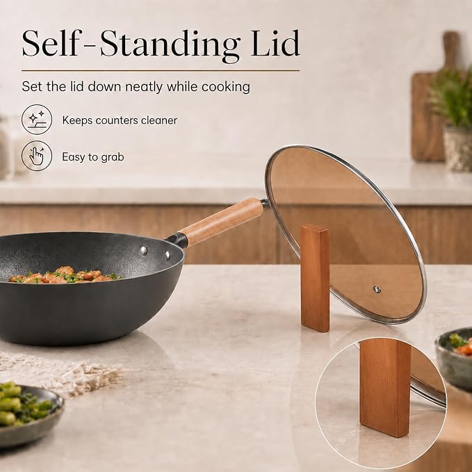 12.6 Inch Carbon Steel Wok Pan with Lid, 4.8 Qt Flat Bottom Stir Fry Pan with Self-Standing Glass Lid, Coating-Free Wood Handle Wok for Induction, Gas, Electric & Ceramic Stovetops