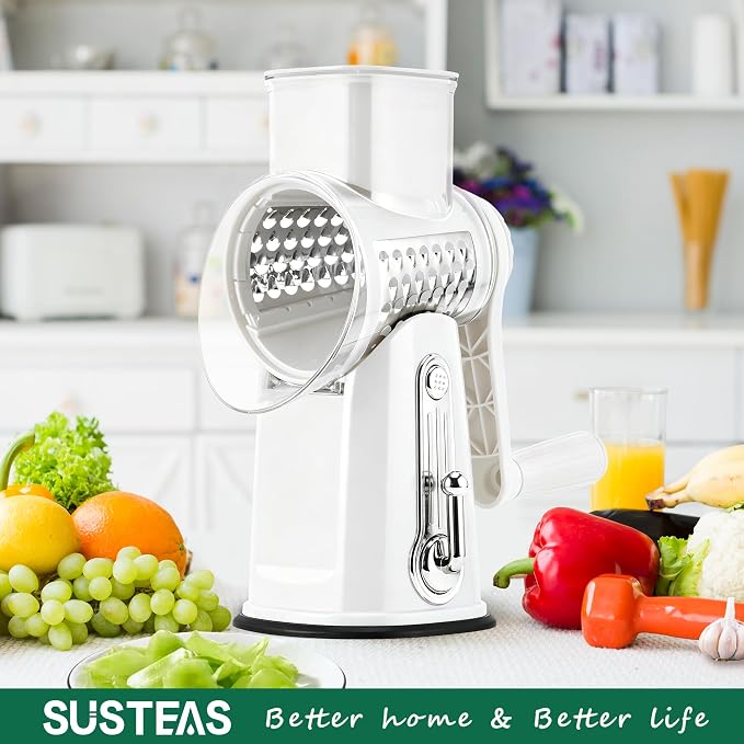 SUSTEAS Rotary Cheese Grater 5 Blades,Kitchen Mandoline Vegetable Slicer | White, Easy to Clean, Strong Suction Base, 5 Blades Storage Box, Round Mandoline Slicer & Food Chopper for Salad