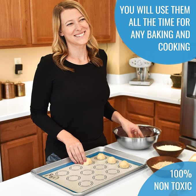 Silicone Baking Mat Set of 5, Nonstick Cookie Sheets, Multiple Sizes - Blue | 2 Half Sheets with Macaron & Cookie Circles, 1 Quarter Sheet, 1 Round & 1 Square, 100% Silicone, Easy-Clean, Reusable Liners.