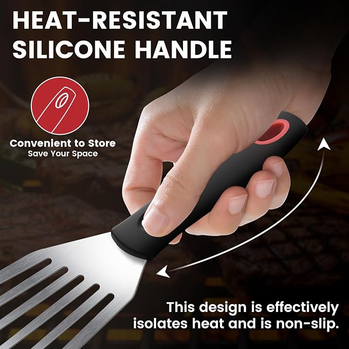 Stainless Steel Fish Spatula, Flexible and Thin Edge, Fish Turner for Kitchen Use, Slotted Mental Spatula with Heat Resistant Silicone Handle