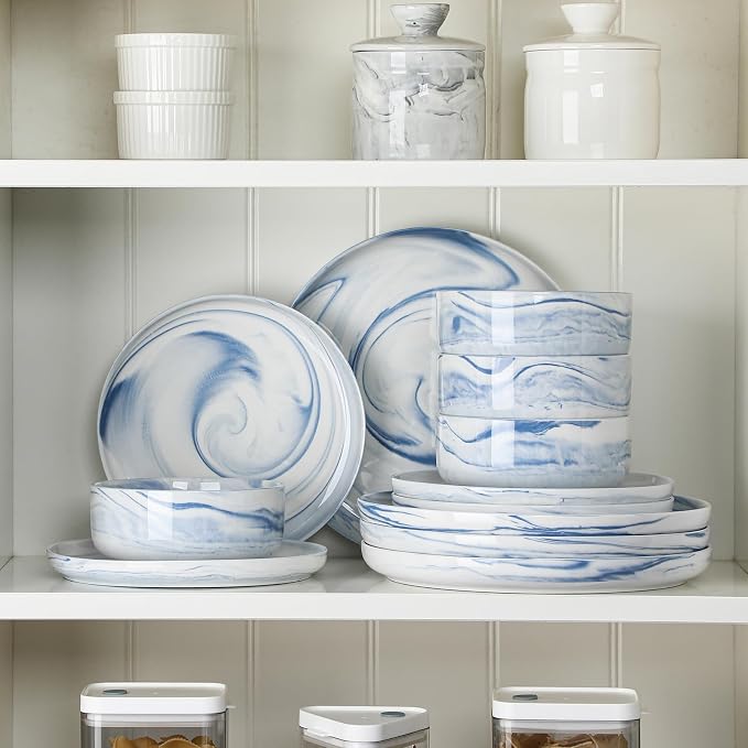 MALACASA 12 Pcs Porcelain Plates and Bowls Sets,Dinnerware Set for 4,Blue | Modern Ceramic Dishware Set,Kitchen Dining Ware,Microwave and Dishwasher Safe,Unique Marble Blue Design,Series LUNA