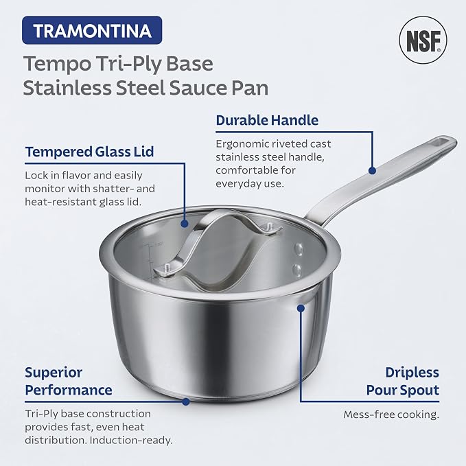 Tramontina Tempo Tri-Ply Base Stainless Steel 3-Qt Sauce Pan with Lid | Induction-Ready Saucepan, Oven-Safe, Dishwasher-Safe