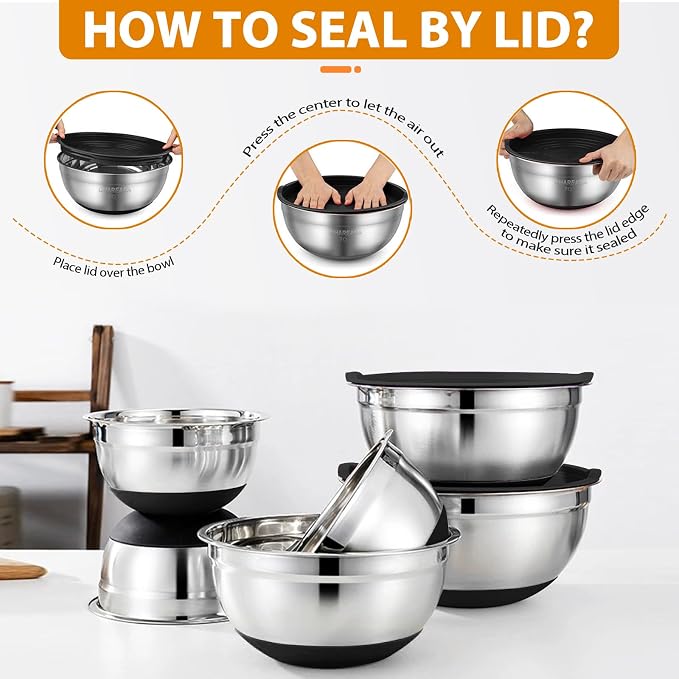Mixing Bowls with Airtight Lids, 18pcs Stainless Steel Mixing Bowls Set | Nesting Non-slip Silicone Bowls Bottom, Size 4.5, 3.6, 2.7, 2.1, 1.7, 1.1, 0.7 qt, Fit for Mixing & Serving(Black)
