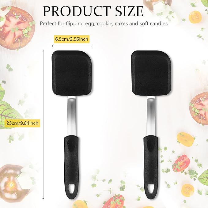 Silicone Cookie Spatula Turner 2 Pack Mini Brownie Spatula Flexible Kitchen Small Silicone Turner for Nonstick Cookware Heat Resistant No Scratch Flipper for Egg(Solid Flat,Black)
