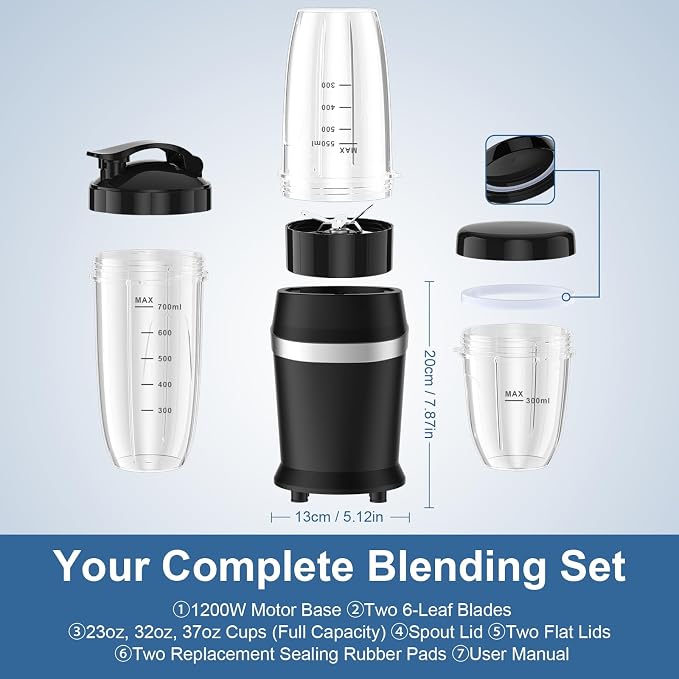 Colarlemo 1200W Smoothie Blender, Personal Kitchen Blender, Ice Crushing | 25000 RPM, Dishwasher Safe, 12Pcs, 6-Leaf Blade×2, 3 Cup Sizes, Smoothie Maker Grinder Frozen Drinks Nuts, Sand Black