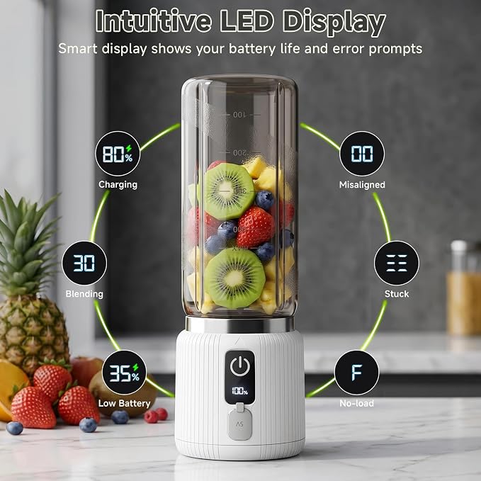 COKUNST Portable Blender, Smoothie Blender with LED Display, 17 oz, White | 8 Blades, LED Display, USB-C Charging, Blender for Smoothie, Shake and Protein, Cordless, Perfect for Home, Travel, Office