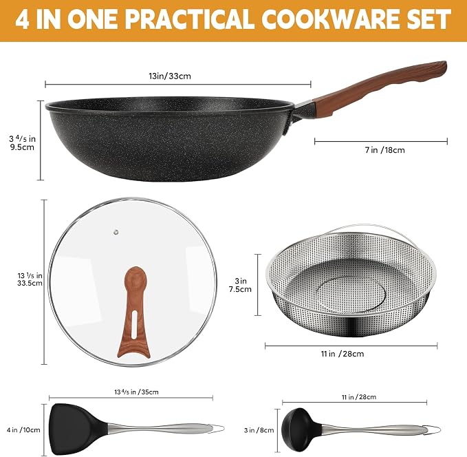 AOSION 13'' Nonstick Wok, Woks & Stir-Fry Pans with Lid and Steamer Basket