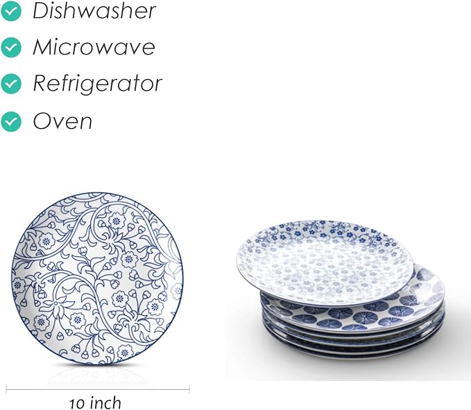 Selamica 10 inch Porcelain Dinner Plates, Large Size Ceramic Plates for Salad, Pancakes, Scratch Resistant, Microwave, Oven and Dishwasher Safe Plates Set of 6, Vintage Blue