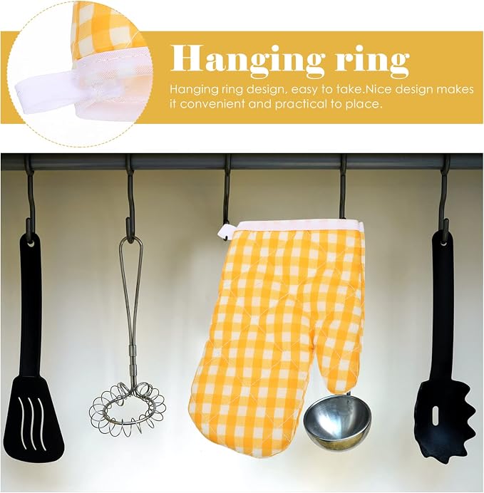 2Pcs Oven Mitts for Play Kitchen, Anti- Scald Gloves Microwave Oven Gloves Kitchen Mitts for Safe Baking Cooking (Yellow Checkered)