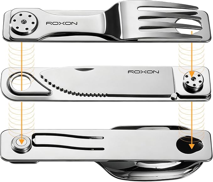 ROXON 3-in-1 Knife Spoons Fork Camping Utensils Set with Case | Magnetic Folding, Stainless Steel Cutlery, EDC Portable Lightweight Silverware,For Hiking Backpacking Travel Lunchbox Outdoor