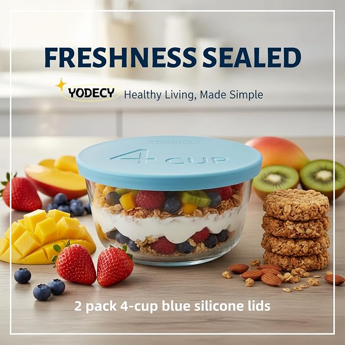 Yodecy Silicone 4Cup Bowl Lids fit Pyrex Glass Bowls 7201-PC 4 Cup, Yodecy Silicone Bowl Lids fit Anchor Hocking Glass Bowls 7201-PC 4 Cup,Replacement Lid(2 Pack Blue)
