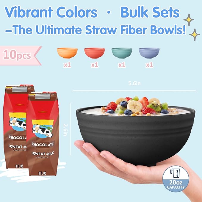 Quatish 10 PCS Unbreakable Cereal Bowls,Dishwasher & Microwave Safe Wheat Straw Bowls, Easy-to-Clean Lightweight Desserts & Soup Bowl, Portable for Picnics ，Snack Plastic Bowls Set,Black
