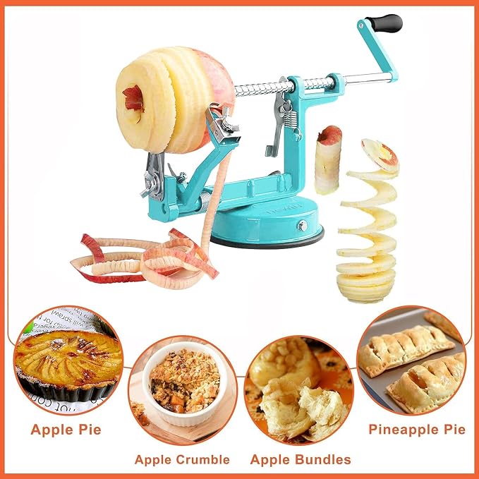 Apple Peeler Corer, 5 In 1 Apple Peeler Slicer Corer with Stainless Steel Blades and Powerful Suction Base for Apples and Potatoes(Teal)