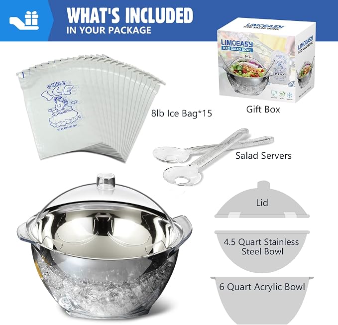 LIMOEASY Iced Salad Bowl, 4.5 Qt Large Chilled Serving Bowl with Lid for Parties, Ice Bowls to Keep Veggie, Fruit, Potato, Pasta Cold, Unique Gift for Women
