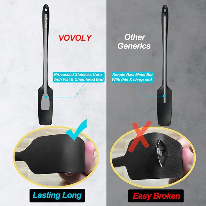 Vovoly Silicone Jar Spatula, Small Head with Long Handle, Rubber Spatulas Scraper for Jar, Blender, Bottle, etc. High Heat Resistant for Nonstick Cookware, Seamless, BPA Free, 11.2 Inch, Black.