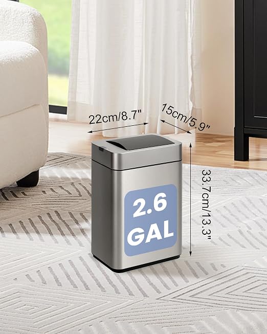 ELPHECO Slim Bathroom Trash Can with Lid 2.6 Gallon Smart Trash Can Silver | Motion Sensor Butterfly Lid Garbage Can Automatic Stainless Steel Wastebasket Bathroom Decor for Bedroom Office Toilet