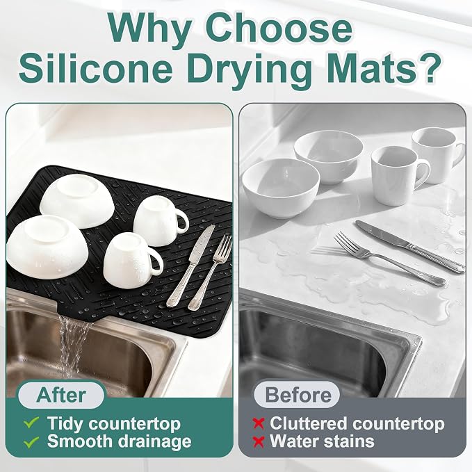 Silicone Dish Drying Mat for Kitchen Counter, 23" x 17" Black-1pcs | Heat Resistant & Non-Slip Dish Drain Pad with Built-In Drain, Quick-Dry, Hangable & Roll-Up for Storage，Multi-Functional Use