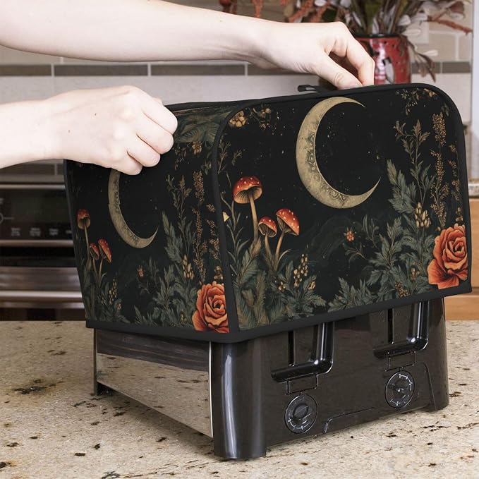 4 Slice Toaster Cover Botanical Flower Moon Vintage Dust Proof Washable Kitchen Appliance Cover with Pocket, Oxford Fabric Countertop Toaster Protector for Standard Toasters Small Appliances