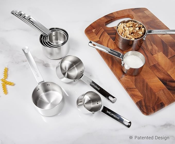 Premium 18/10 Measuring Cup Set (Silver, 5PC Measuring Cups) | 18/10 Stainless Steel Measuring Cup Set; 1/4, 1/3, 1/2, 2/3 and 1 Cup; Upscale, Stackable, Dishwasher Safe.