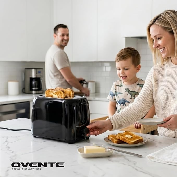 OVENTE Electric 2 Slice Toaster Machine 6-Shade Setting, Black TP2210B | Compact Design and Removable Crumb Tray, 700W Power Perfect for Toasting Bread, Thin Bagels and Waffles