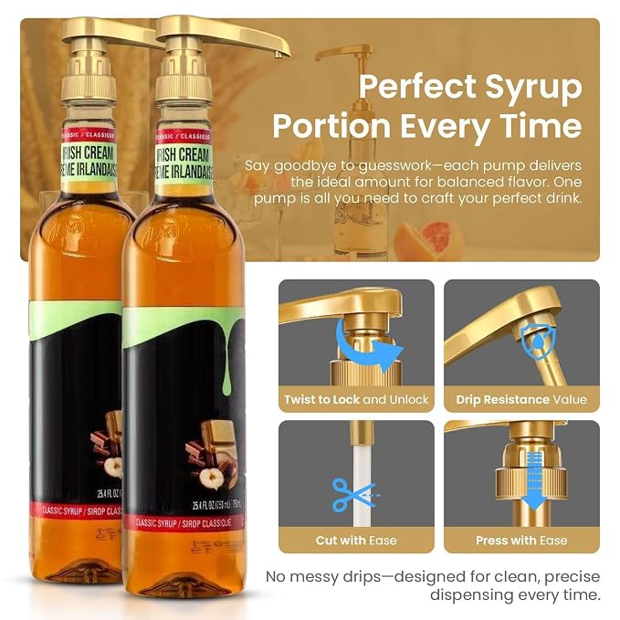 12 Pack Gold Syrup Pump Dispenser for 750ml Plastic Bottles Torani | Consistent Liquid Measurement Accurate Beverage Measurement
