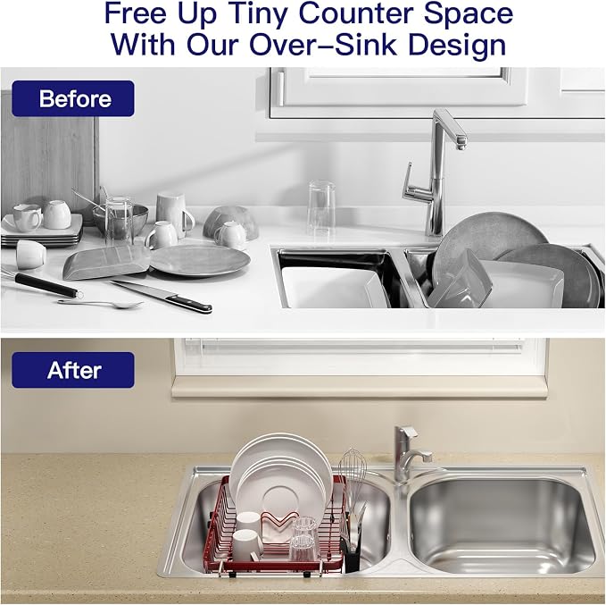 Red Dish Drying Rack Over The Sink with Utensil Holder | Expandable Stainless Steel Dish Drainer for Small Kitchen, Apartment, RV, Counter Space Saving, Perfect Fit, Rustproof