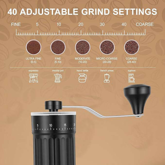 Manual Coffee Grinder with Conical Burr, 40 Adjustable Settings, 30g Capacity, Portable for Espresso, French Press, Travel, Camping, Office & Home Use