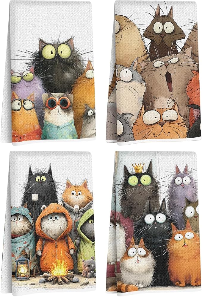 4 Pcs Cute Cat Kitchen Towels, Funny Cats Gifts Absorbent Hand Towels-03 | Cat Dish Cloths for Drying Dishes, Cats Waffle Dish Towels for Kitchen Home Bathroom Decor, Cat Lover Gifts for Women Mom