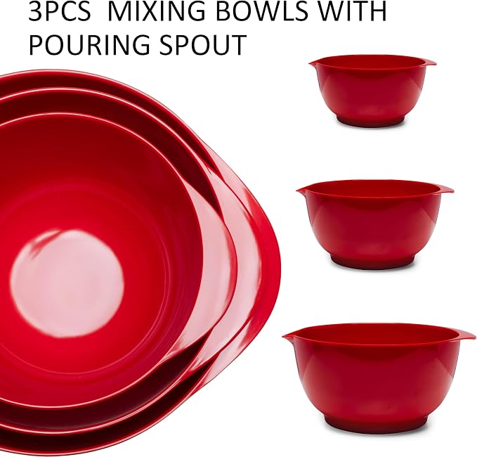 Mixing Bowls Set, 3 Piece Melamine Nesting Bowls with Pour Spout, Non-Slip Base, Great for Prepping, Baking, Mixing Cooking, BPA free and Dishwasher Safe, Red
