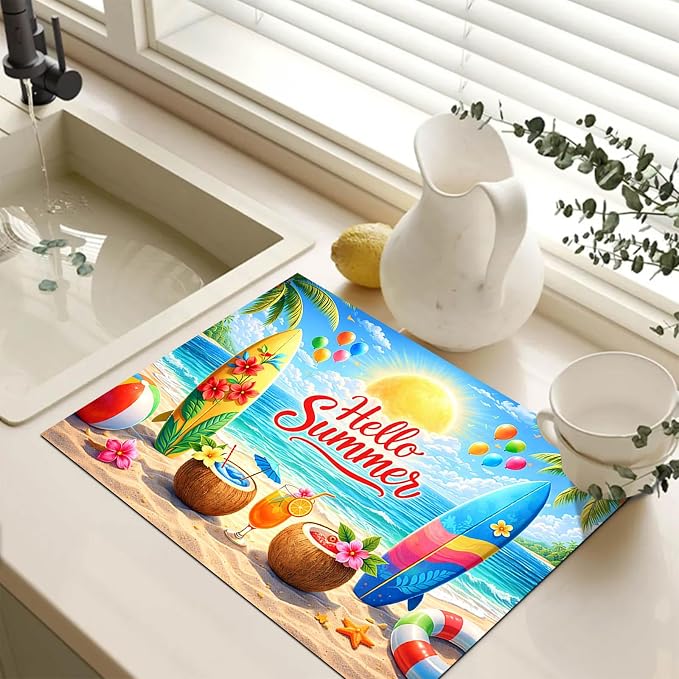 HOMETITUTE Hello Summer Stove Top Covers for Electric Stove 28x20 Inches Beach Surfboard Heat Resistant Glass Cooktop Protector Pad Decorative Stovetop Cover for Kitchen Coffee Bar Decor