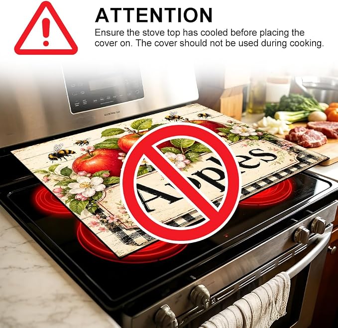 Farmhouse Apple Stove Top Cover 28x20 Inch Decorative Glass Stove Cover | Heat Resistant Cooktop Protector Mat with Non-Slip Backing, Scratch Protection and Countertop Drying Mat.