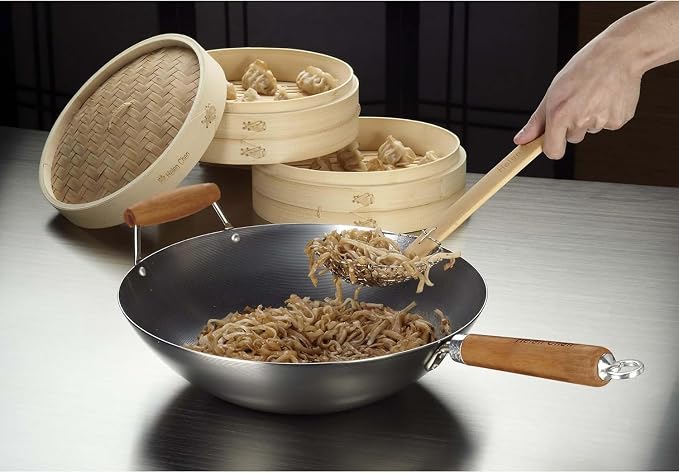 Helen's Asian Kitchen Carbon Steel Wok, 14-Inch, Flat Bottom Stir Fry Pan