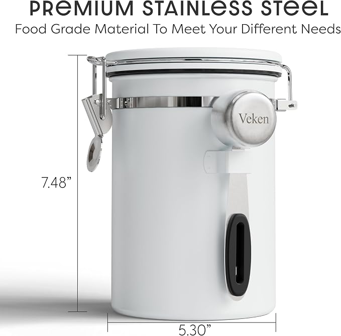 Veken Coffee Canister with Window, Airtight Stainless Steel Container, 22OZ | Date Tracker,Kitchen Food Storage Organizers for Beans, Ground, Espresso, Rice,Tea, Sugar,Cereal, Gifts,Lids,Jars,Scoop,White