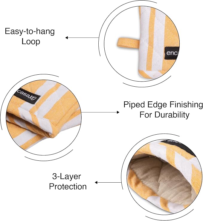 Encasa XO Oven Mitts, Heat Resistant Kitchen Gloves, Microwave | Franca Yellow Stripes, 100% Cotton | Diamond Quilted Insulation | Pot Holders | Hanging Loop | Barbecue & Grill | Set of 2
