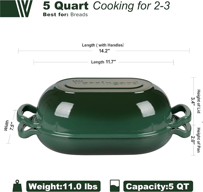 VORRINGARD Enameled Cast Iron Sourdough Bread Oven, Dutch Oven, Loaf Cast Iron Bread Pan for Homemade Bread Baking, Meatloaf Pan with Lid, 5QT, Dark Green