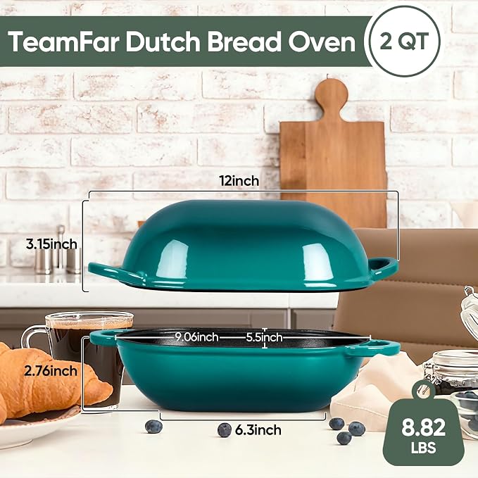 TeamFar Enameled Cast Iron Bread Loaf Pan, 2 QT Oval Dutch Oven with Lid | for Sourdough Bread Baking, Enameled Meatloaf Loaf Baking Pan with Lid, Even Heat Distribution & Self-Basting, Basil Green
