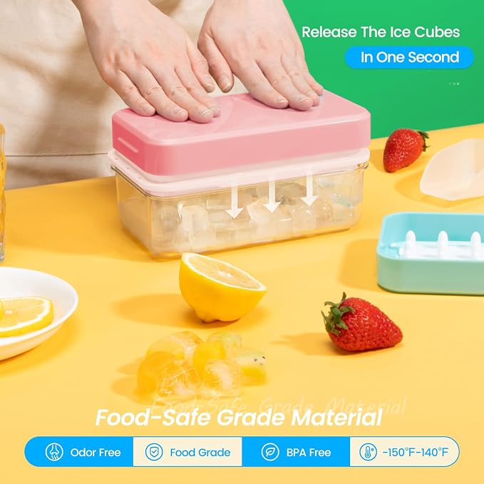 Ice Cube Tray with Lid and Bin, Easy Release 56 Cubes for Freezer | Food-grade BPA-free PP and ABS. Ice cubes for fruit, cocktails, iced coffee. Space-saving stackable with scoop
