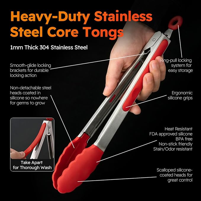 HST Tongs for Cooking with Silicone Tips(3 Pack), Non Stick Kitchen Tongs with Silicone Tip for Cooking BBQ Baking (12", Red)