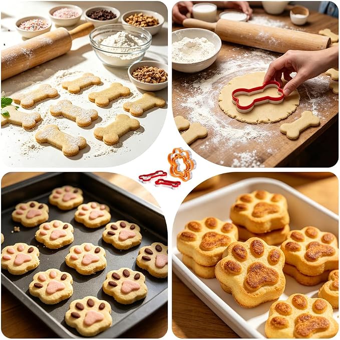 6 pcs Dog Bone Cookie Cutters Set - Treats Molds, Paw Print Shapes | Stainless Steel+PVC