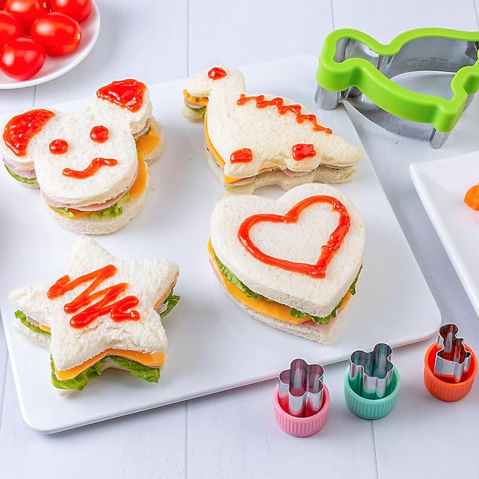 Sandwich Cutters for Kids Lunch 12 Pcs | Cookie Cutters Set, Vegetable Fruit Cutters Shapes, Stainless Steel, Biscuit Cutters, Dinosaur Mouse Heart Star