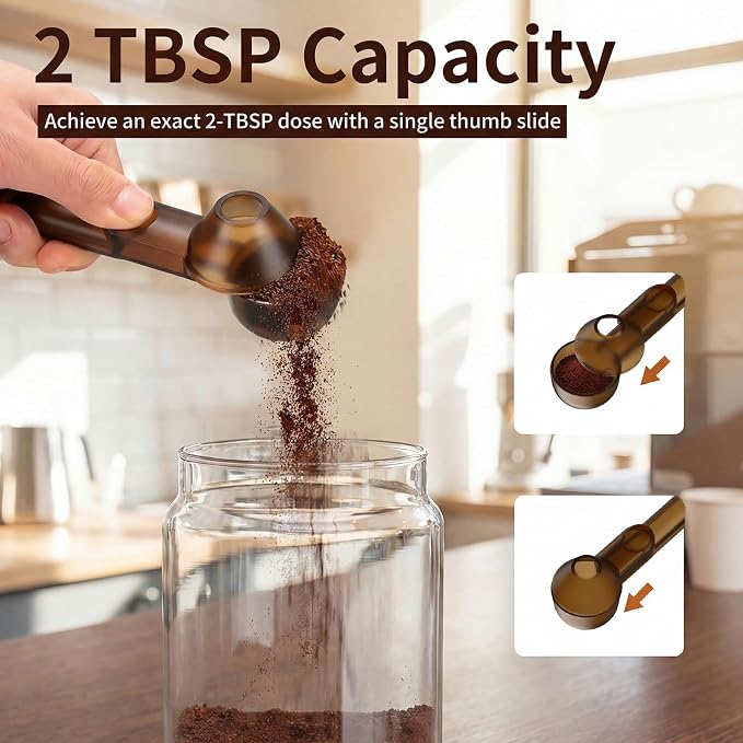 2 Pcs Coffee Scoop with Funnel for Reusable K Cup, 2 TBSP Measuring Spoon | Mess-Free Funnel Design, Sliding Leveler for Precise 2 TBSP, Long Handle for Ground Coffee, Protein Powder & Tea