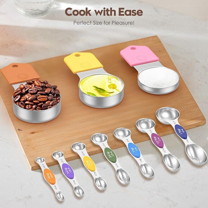 Magnetic Measuring Cups and Spoons Set – 304 Stainless Steel | Dual-Sided Markings | Space-Saving Kitchen Organizer | N52 Magnetic Nesting | 15-Piece with Leveler | Baking & Gift(Colorful)