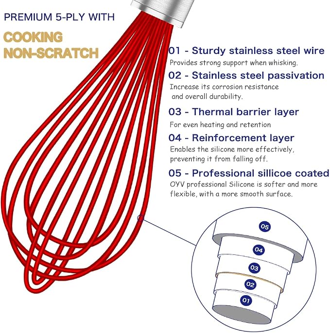 OYV Red Silicone Whisk Set of 3, 8/10/12 Inch, for Cooking Non-Scratch | BPA-Free Silicone, Heat Resistant Up to 480°F, Stainless Steel Core, Dishwasher Safe, Nonstick-Safe