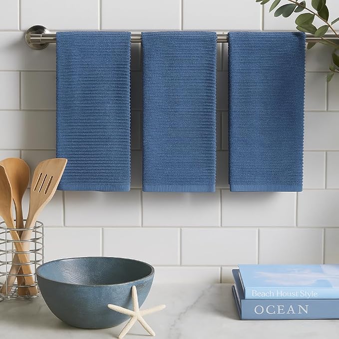 Chambray Denim Blue Kitchen Hand Dish Towels, Set of 3, 100% Cotton, 18" x 28" | Terry Loop Ribbed Textured, Soft & Absorbent Cleaning Cloth, Quick Dry, Multipurpose For Everyday Use