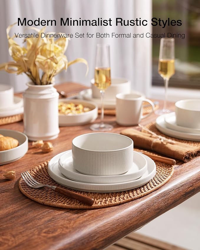 Famiware Star Stoneware Dinnerware Set, Reactive Glaze Plates & Bowls for 4 | 12-Piece Handmade Ribbed Dishes, Chip & Scratch Resistant Ceramic. Microwave & Dishwasher Safe, Rustic Modern, Matte White