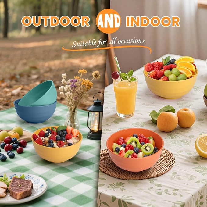 Large Bowls, 60 Oz Salad Bowls, Large Cereal Bowls, 8PCS Unbreakable Wheat Straw Serving Bowls for Pho, Popcorn, Soup & Oatmeal, Microwave & Dishwasher Safe for Kitchen, Camping (Multi)