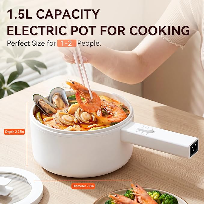 Electric Hot Pot, 1.5L Mini Electric Pot with Ceramic Non-stick Coating | Dual Power Control Electric Pot for Cookin Steak, Egg, Fried Rice, Soup,Ramen Cooker for Dorm, Travel, Camping, RV