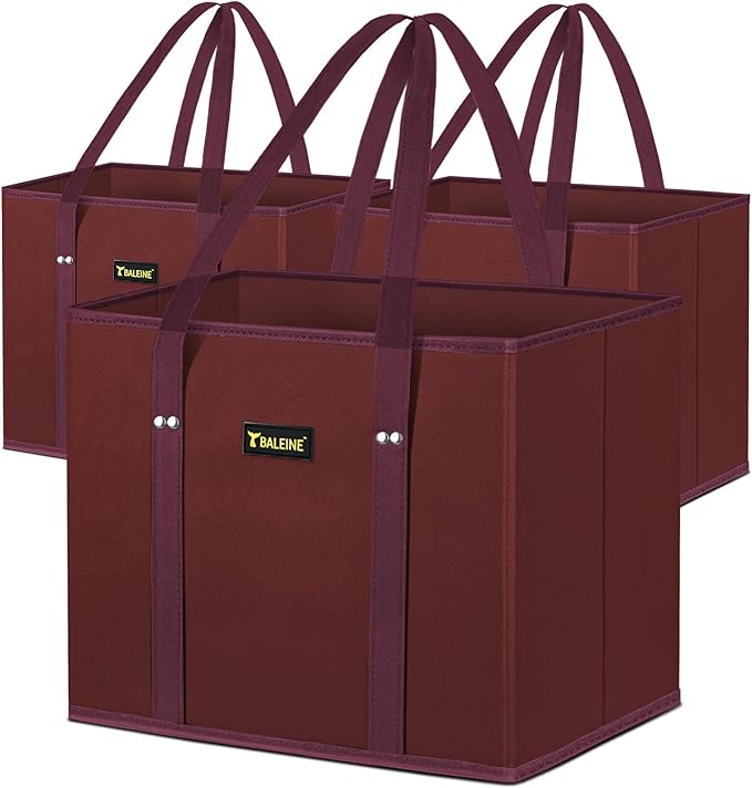 BALEINE 3PK Reusable Grocery Bags, Heavy Duty Shopping Tote Bag | 12'' Long Handles, Reinforced Bottom Keeps Upright, Fold Flat Storage, Water-Resistant Shopping Bag, Multiple Color Options