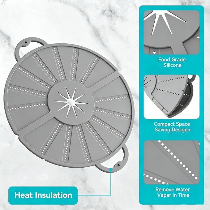 Foldable Silicone Splatter Screen for 10-12 Inch with Handle，Gray | Foldable Splash Guard, Multi-Use Grease Splatter Guard, Non-Stick Oil Splatter Guard, Dishwasher Safe, BPA Free